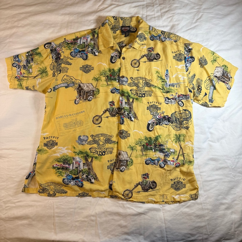 Harley-Davidson Men’s Yellow Motorcycle Print Short-Sleeve Button-Down Shirt